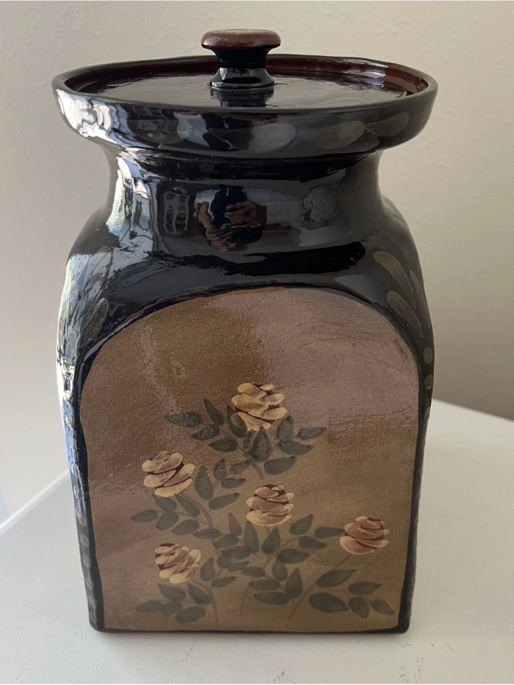 Eldreth Pottery | Red Ware Large Crock W/Lid | Four Seasons | 2005 Floral